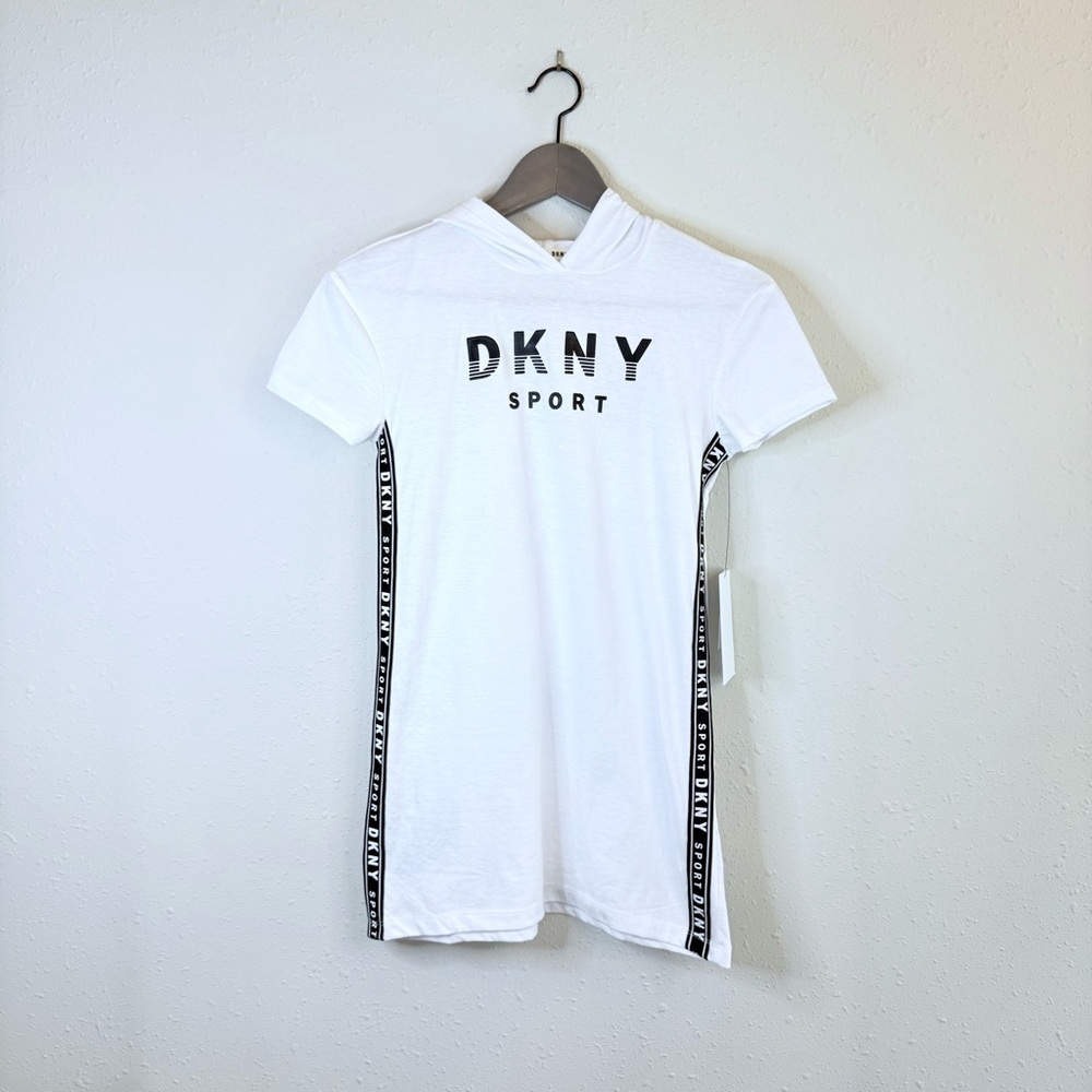 DKNY Sport Girls Logo Side Band Hooded White And Black T-Shirt Dress Sz M NWT